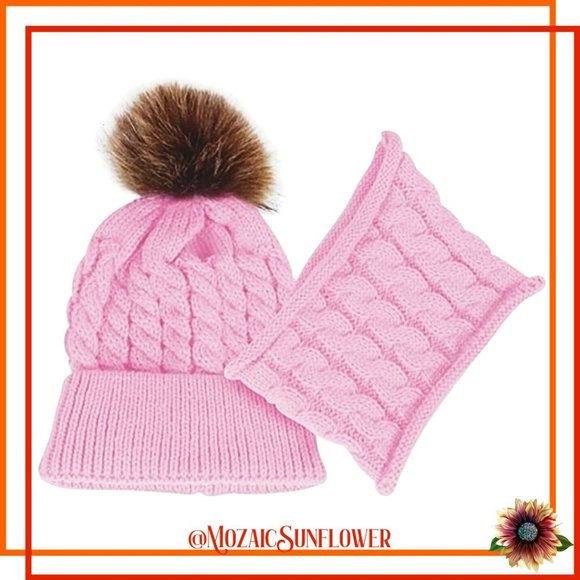 Toddler 2 Piece Hand Cable Knit Pink Hat Faux Fur Pom and Collar Scarf - Picture 1 of 4